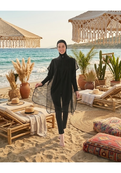 Pierre Cardin Büyük Beden Dik Yaka Fermuarlı İç Giyimli Çift Boneli File Elbiseli Tulum Kadın Tesettür Mayo Siyah Pierre Cardin Büyük Beden Dik Yaka Fermuarlı İç Giyimli Çift Boneli File Elbiseli Tulum Kadın Tesettür Mayo Siyah