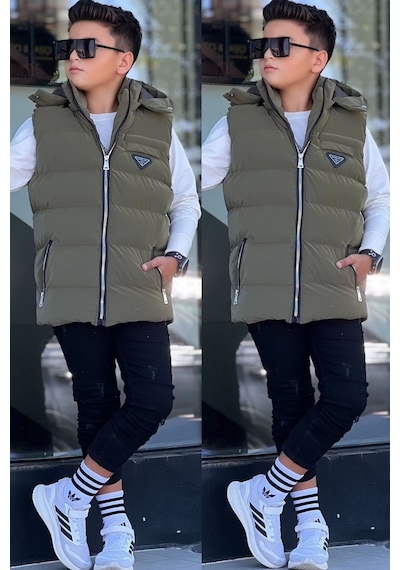 Pina Kids Erkek Çocuk Çıtçıt Kapüşonlu Nova Kumaş Şişme Yelek Ylk3026 Haki