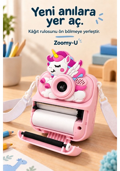 Kj/zm-004 Zoomy-u Unicorn Figürlü Anında Baskılı Çocuk Fotoğraf Makinesi, Çift Kamera, 2,4 İnç Ekran, 1080p Video, 3+ Yaş Pembe