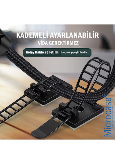 Microcase Kendinden Yapışkanlı Microcase Ayarlanabilir Yapışkanlı Kablo Düzenleyici Ve Sabitleyici Klips 10 Adet Al5409 Siyah