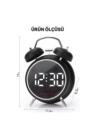 Çift Çanlı Dijital Alarm Saati 70db Yüksek Sesli, Led Ekranlı, Sıcaklık Ve Tarih Gösterimli, Sessiz Çalışma, Gece Işıklı, Sesle Kontrol, Retro & Modern Tasarım Hl-8891a - Siyah Diğer