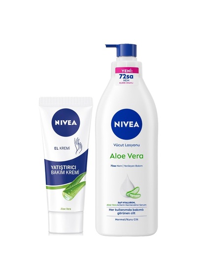 Aloe Vera Vücut Losyonu, 400 Ml, Normal/kuru Ciltler İçin + Nıvea Yatıştırıcı El Kremi 75 Ml, Aloe Vera, Kuru Cil
