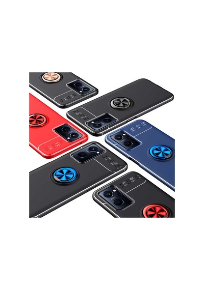 Noktaks - Oppo A96 4g Uyumlu Kılıf Koruyucu Yüzüklü Karbon Ravel Silikon Kapak - Siyah-kırmızı - T22874