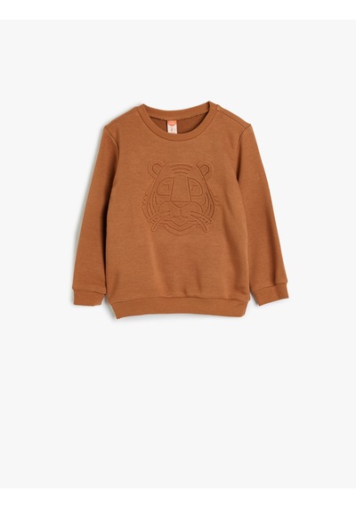 Koton Sweatshirt Kaplan Kabartma Baskılı Bisiklet Yaka Uzun Kollu Kahverengi 5wmb10188tk Kahve