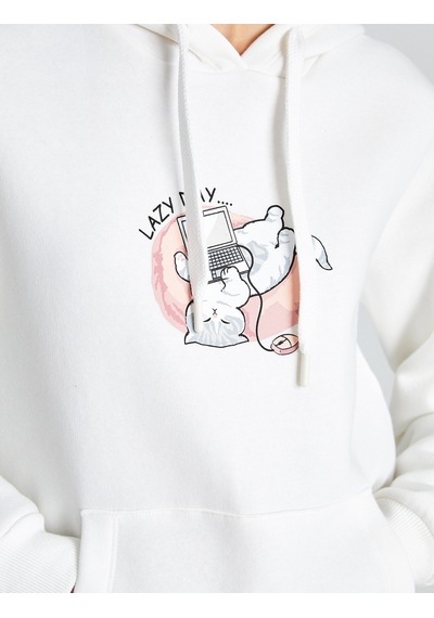 Koton Üç İplik Şardonlu Uzun Kollu Kanguru Cepli Kedi Baskılı Kapüşonlu Sweatshirt Ekru 7wal10054ık