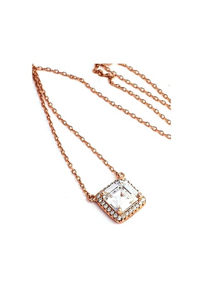 Baget Swarovski Taşlı 925Ayar Gümüş Rose Kare Tek Taş Kolye