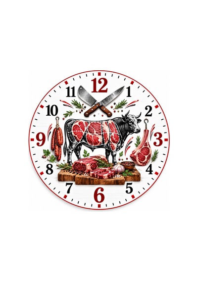 Kasap Temalı Duvar Saati 45 Cm Et Kasap Dükkanı Steakhouse Restoran Uv Baskı Sessiz Akar Mekanizma 952 Çok Renkli