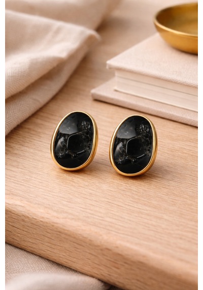 Siyah Oval Taşlı Gold Çerçeve Küpe Diğer