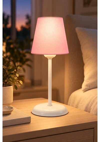 Metal Ayaklı Konik Kumaş Abajur Masa Lambası 14 cm Pembe