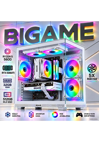 Bigame SCORPION-V2 R5-5600 32 GB 512 GB M2 SSD RTX5060Ti Free Dos Masaüstü Oyuncu Bilgisayarı