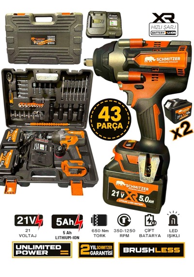 Schmıtzer Sch-9502t Pro 21v 15 Pilli Çift Akülü Kömürsüz Darbeli Vidalama 650 Nm Somun Sıkma Sökme Matkap
