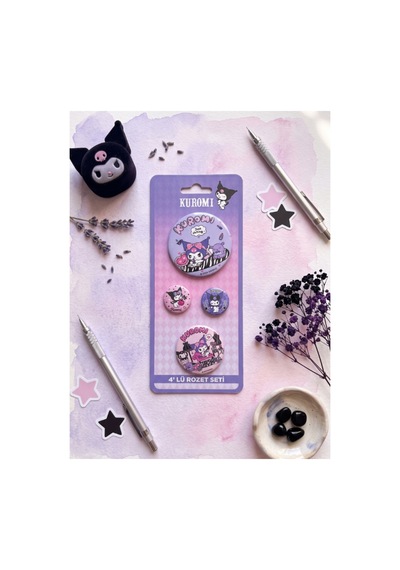 Kuromi & Hello Kitty Lisanslı 4'lü Rozet Set Çok Renkli