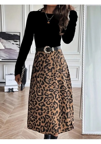 Efnaz Style Kadın Uzun Kollu Bisiklet Yaka Ithal Krep Bluz Alt Desenli Modal Midi Elbise Siyah