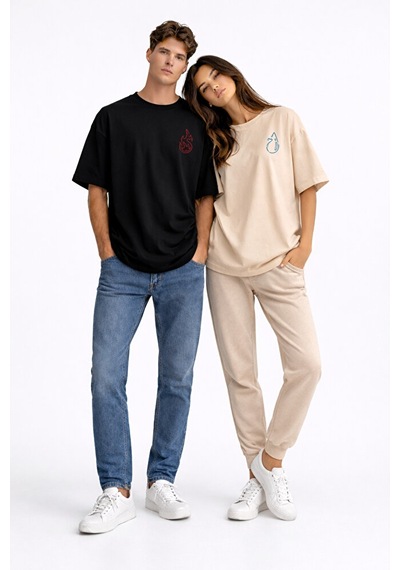 Sevgili Kombini Ateş Su Minimal Çift Tişört Oversize Unisex Partn Bej