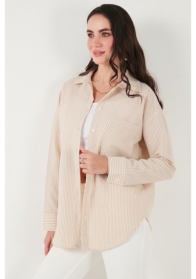 Lela Regular Fit Uzun Kollu Cepli Çizgili Bayan Gömlek 6772895 Taş