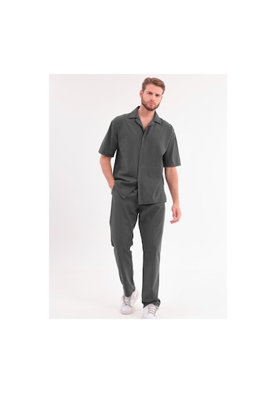 Erkek Siyah Keten Takım Oversize Gömlek & Pantolon 2'li Set Bağcıklı Rahat Yazlık Kombin Haki
