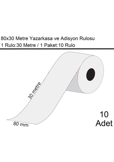 80x30 Metre Termal Yazarkasa Ve Adisyon Rulosu 1 Paket:10 Adet Rulo