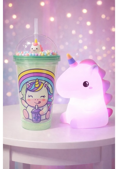 2'li Set Işıklı Renkli Unicorn Figürlü Gece Lambası & Pipetli Boncuk Detylı Suluk Bardak Yeşil 450ml Set