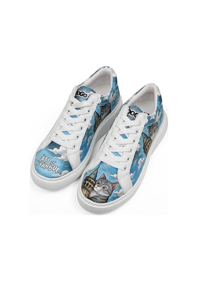 Kadın Vegan Deri Beyaz Sneakers - Galata Cat Tasarım Çok Renkli