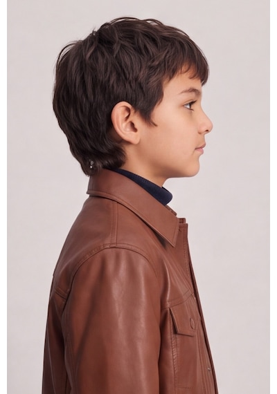 Esila Kids Erkek Çocuk Suni Deri Ceket Düğmeli Cepli Şık Ve Mevsimlik Çocuk Ceketi Kahverengi