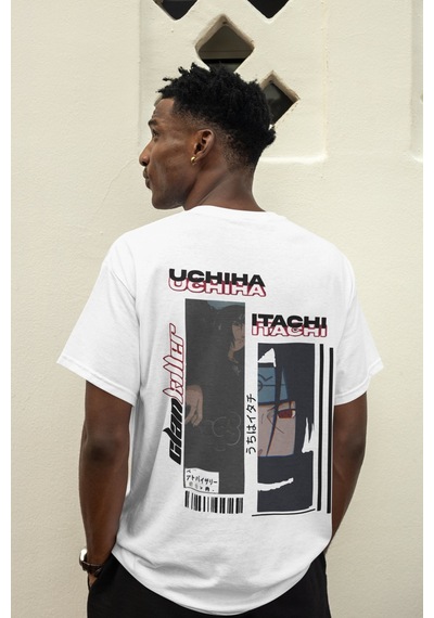 Naruto Itachi Uchiha Sırt Baskılı Unisex Oversize Anime Tişört Beyaz