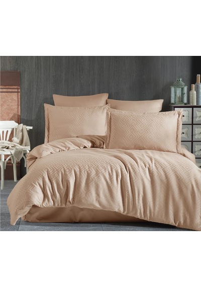 Jakarlı & Saten Çift Kişilik Nevresim Takımı-6 Parça & Geometrik Desen -200x220cm-metis Kapuçino Cappuccino