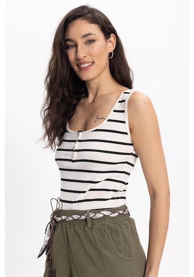 Tudors Kadın Slim Fit Dar Kesim Pamuklu Askılı Kare Yaka Çizgili Beyaz Crop-50313