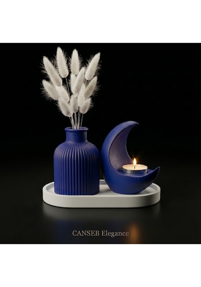 3lü Premium Avangard Hilal Ay Mumluk, Pampas Vazosu Seti - Tealight Mum Hediyeli