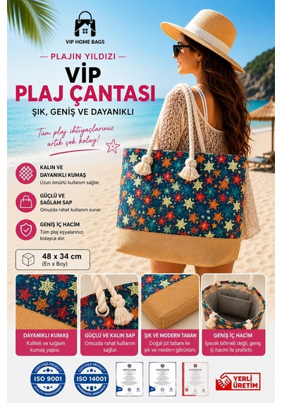 Plaj Çantası Vip Çanta El Ve Omuz Çantası Piknik Çantası-yeşil Yıldız Desenli