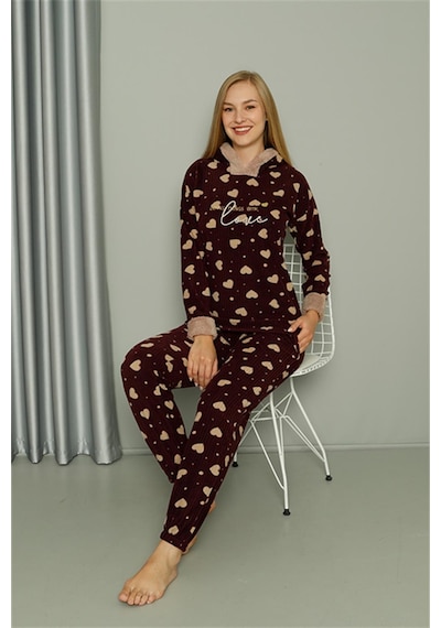 Akbeniz Welsoft Polar Kadın Kapşonlu Pijama Takımı 8513 - L Bordo