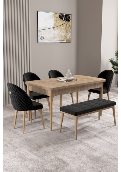 Milas Meşe Desen 80x132 Mdf Açılabilir Mutfak Masası Takımı 4 Sandalye, 1 Bench Siyah Milas Meşe Desen 80x132 Mdf Açılabilir Mutfak Masası Takımı 4 Sandalye, 1 Bench Siyah