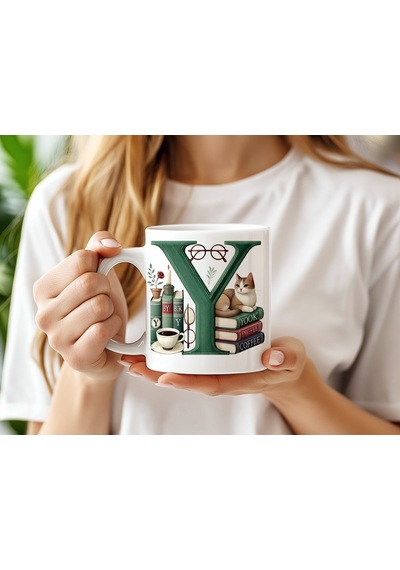 Y Harf Kedi Ve Kitaplar Figürleri İle Kupa Bardak - Kitap Ve Kedi Severlere Özel - Manevi Hediye Beyaz