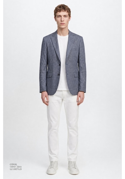 Altınyıldız Classıcs Erkek Mavı Yünlü Slim Fit Dar Kesim Mono Yaka Kapak Cepli Armürlü Blazer Ceket Mavi