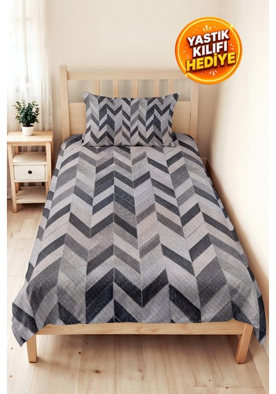 Gri Motifli Geometrik Genç Odası Tek Kişilik Pike Takımı - Antrasit Zigzag 160x220 Cm Yatak Örtüsü Kırsal Vadi Sükuneti