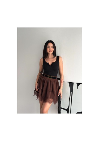 Gugus Kadın Mini Boy Tül/dantel Detaylı Beli Kemerli Volanlı Etek Kahverengi