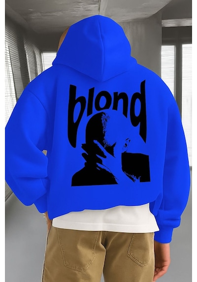 Benroma 3 İplik Penye Blond Baskılı Ünisex Kapüşonlu Sweat Saks Mavisi