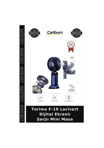 Torima F-19 Lacivert Dijital Ekranlı Şarjlı Mini Masa Küçük Pervane Hava Üfleyici Kompakt Fan