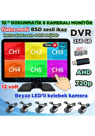 Ahd 720p Rca Beyaz Ledli Kelebek Kamera 6 Kanallı 10 İnç Dokunmatik Usb Bsd Dvr Ekran 12 Volt