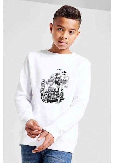 Tshirthane Racer Motor Motorsiklet Baskılı Unisex Çocuk Beyaz Sweatshirt Beyaz