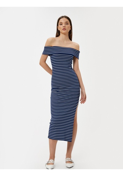 Koton Madonna Yaka Kalem Elbise Midi Boy Yırtmaç Detaylı Slim Fit Lacivert Çizgili 4sal80217ık Koton Madonna Yaka Kalem Elbise Midi Boy Yırtmaç Detaylı Slim Fit Lacivert Çizgili 4sal80217ık