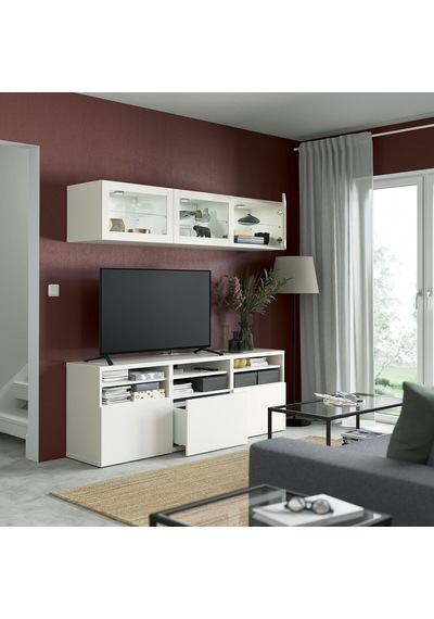 Tv Ünitesi, Beyaz-şeffaf Cam, 180x42x192 Cm, Lappvıken/sındvık, Fren Raylı Beyaz Tv Ünitesi, Beyaz-şeffaf Cam, 180x42x192 Cm, Lappvıken/sındvık, Fren Raylı Beyaz
