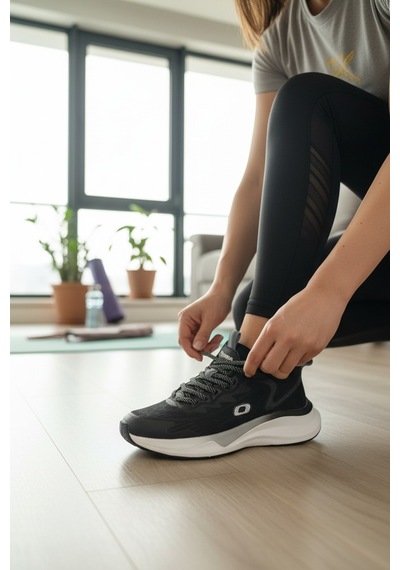 Enoch Kadın Siyah Beyaz Tabanlı Fileli Hafif Koşu Ayakkabısı Sneaker Siyah Beyaz