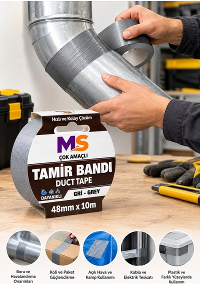 Tamir İzolasyon Bandı Gri 48 Mm X 10 Metre Genel Duct Tape Su Geçirmez Sızdırmazlık Takviye Bantları