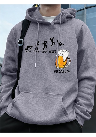 Startmore Startmorecuma Bira Sevgilisi Komik Baskılı Erkek Kazak Kış Polar Sıcak Hoodies Kore Gevşek Cep Kazakla Gri