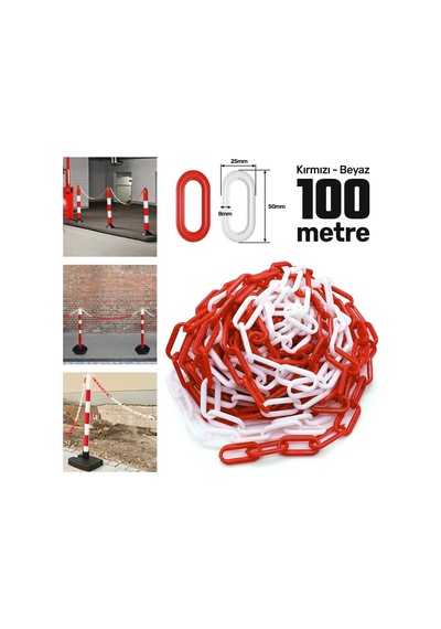 Sgs2552 Plastik Güvenlik Bariyer Zinciri Kırmızı-beyaz 8 Mm 100 Metre