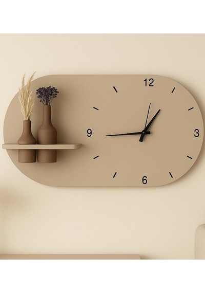 Modern Tasarım Raflı Nera Duvar Saati 60x35 Bej