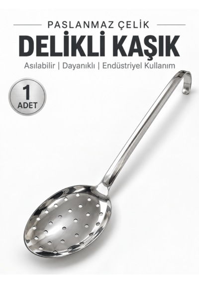 Beylini Endüstriyel Sanayi Tipi Delikli Kaşık Paslanmaz Çelik Okul Lokanta Tipi Kulplu Süzgeçli Kaşık Asılabilir No2 Gri
