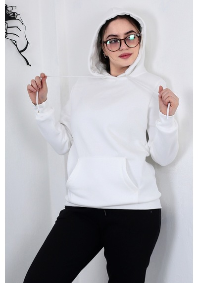 Hodies Winter Kapşonlu Kanguru Cep 3 İplik Puf Yumuşacık İçi Polarlı Sweatshirt Beyaz