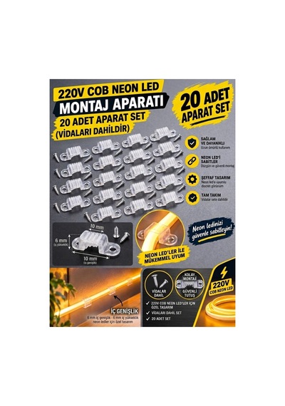 20 Adet Neon Led Tutucu Klips 1 Vidalı Duvar Aparatı,bağlantı Montaj Aparatı,kroşe,plastik Şeffaf Montaj Aparatı 10x6 Mm Cob Led Montaj Aparatı