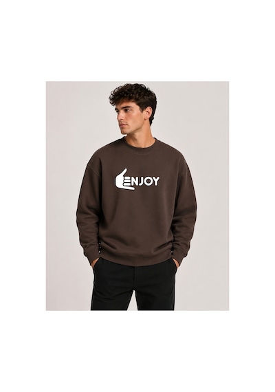 Herkesemoda Enjoy Baskılı Bisiklet Yaka Şardonlu 2 İplik Sweatshirt Kahverengi